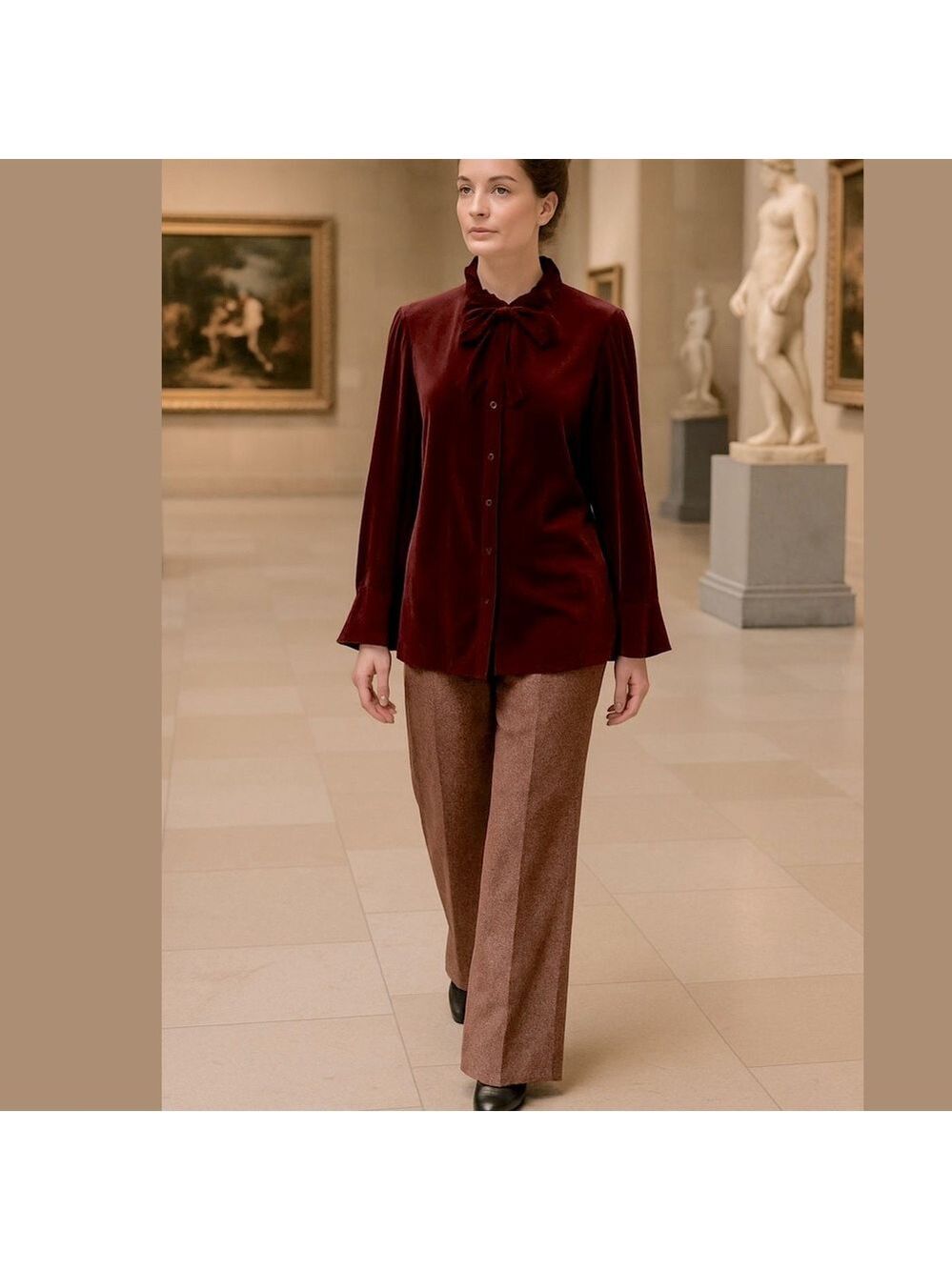 70s 2PC MORT SCHRADER BURGUNDY VELVET TIE COLLAR TOP & WOOL WIDE LEG PANTS SZ 12